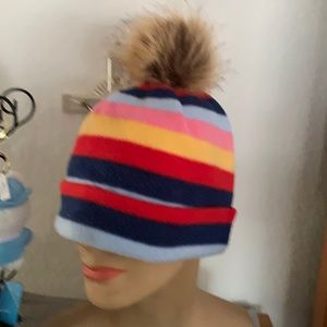 Old navy kids hat stripes and fur ball